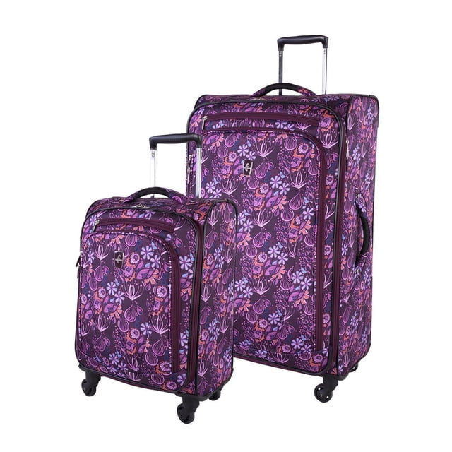 Atlantic Infinity Lite II - 2 Pieces Luggage Set in purple floral polyester with water-resistant coating, featuring lightweight design, 360-degree spinner wheels, push-button retractable handles with two height stops, front zippered compartments, interior tie-down straps, and an expandable large suitcase for extra packing capacity.