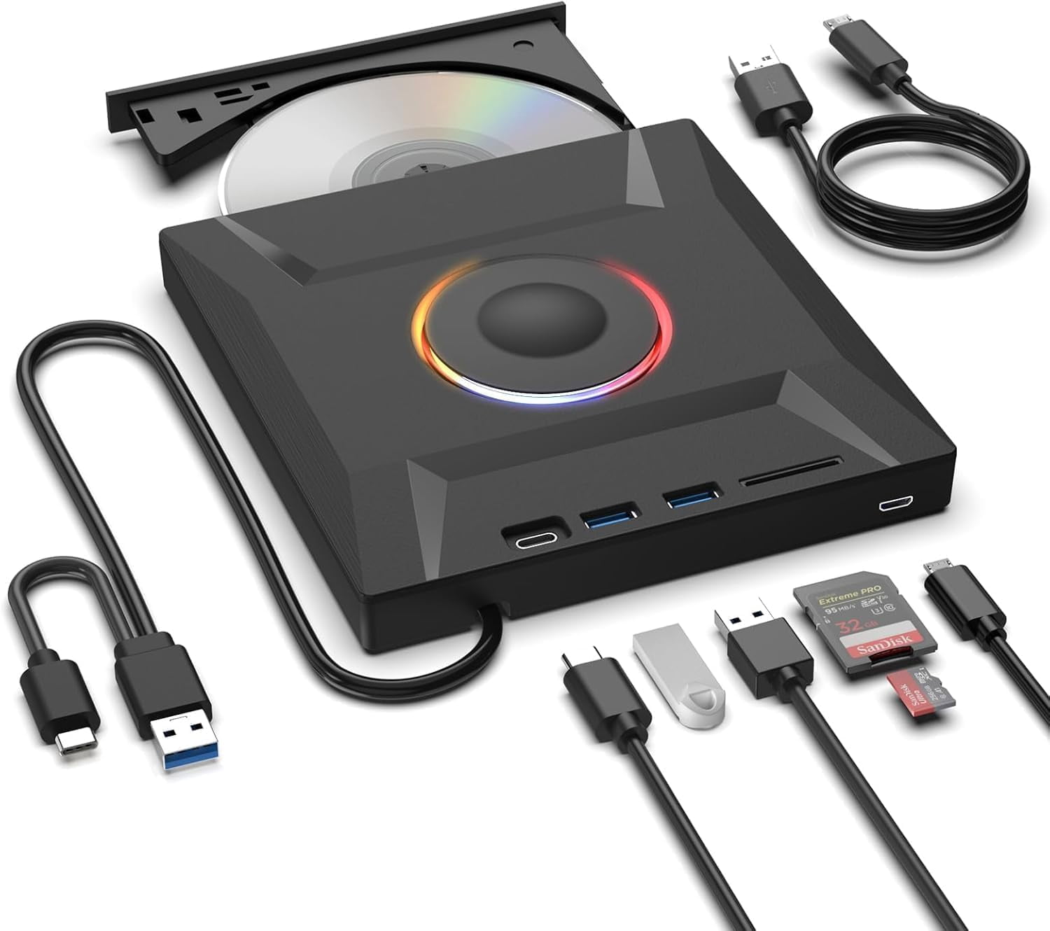 Tigebraver External CD DVD Drive, 8 in 1 USB 3.0 & Type-C Disc Reader ...