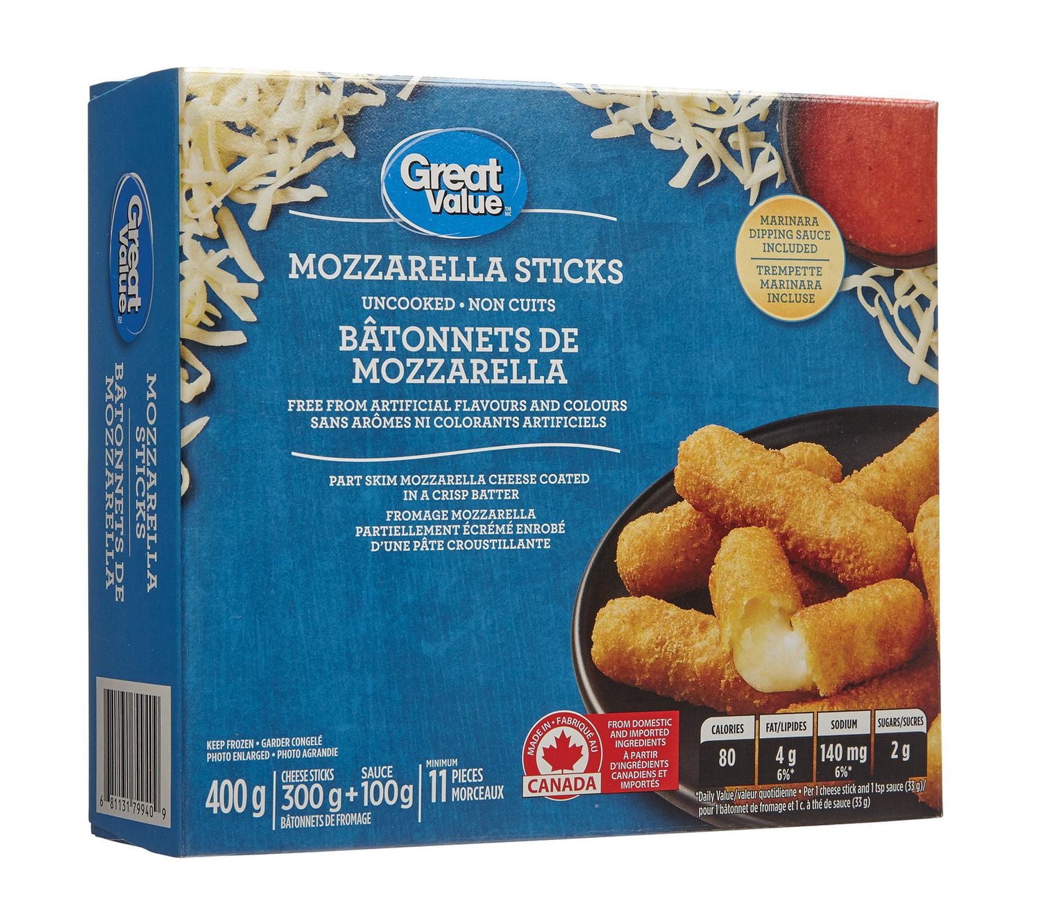 Great Value Bâtonnets de Mozzarella Surgelés avec Sauce Marinara pour Trempette hors-D'œuvre 400g