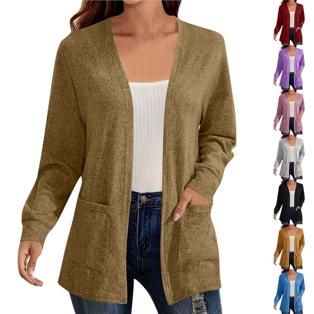 yoeyez Cardigan Sweaters for Women Lightweight Open Front Cardigans Plus Size Trendy Cardigan Fall Sweaters Coat with Pockets Khaki,L