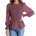 thumbnail image 2 of IROINID Liquidation T-Shirts à Manches Longues pour Femmes Col Rond Imprimé Floral Taille Élastique Manches Évasées Plissées Dentelle Manches Longues, Rouge, 2 of 9