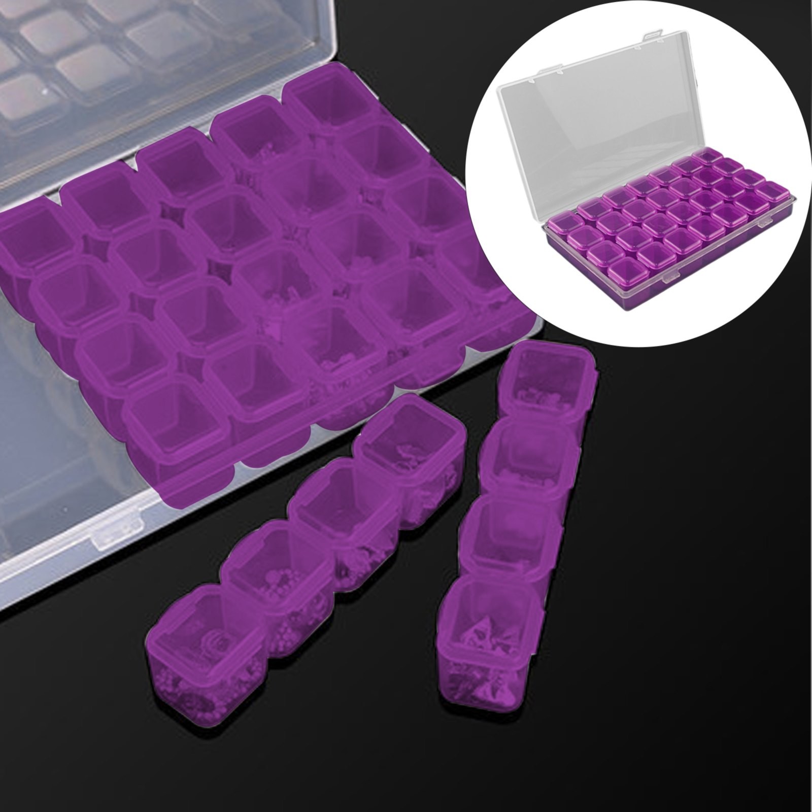 Gospire Small 28 Grids Box Clear Plastic Jewelry Craft Storage Container Painting Embroidery Diy Art Craft Accessory Organizer Case (Colorful),Purple Storage Case
