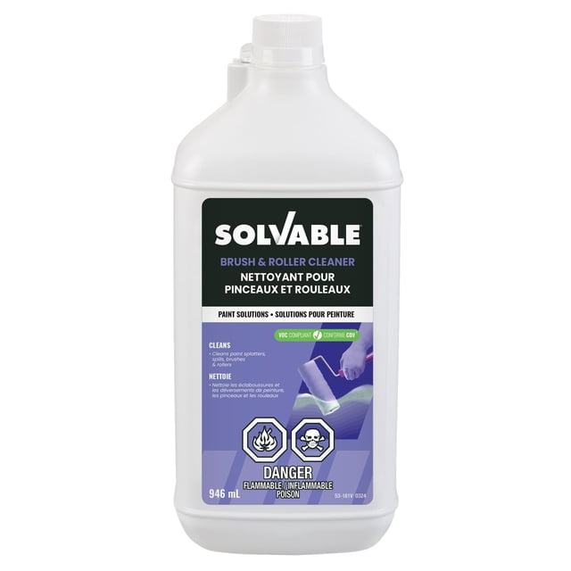 SOLVABLE® Nettoyant pour Brosses et Rouleaux 946 ml Bouteille en Plastique Blanche avec Étiquette Noire et Violette, Nettoyant de Peinture Conforme Voc pour Brosses et Rouleaux, Comprend des Avertissements de Danger Inflammable et de poison, Texte Bilingue Anglais et Français.