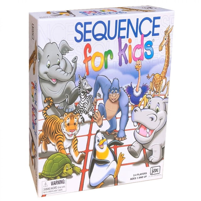 JAX Sequence for Kids Board Game with a vibrant box design showcasing animated animals like an elephant, tiger, gorilla, and penguin. A classic board game for kids aged 3 and up, supporting 2-4 players, it promotes logical thinking skills and does not require reading to play.