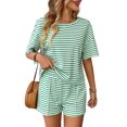 thumbnail image 4 of Striped 2 Piece Sweater Set for Womens Summer Short Sleeve Tops Loose Matching Shorts Lounge Sets Tracksuit, 4 of 5