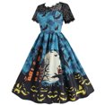 thumbnail image 3 of EGNMCR Robe d'Halloween pour Femmes Vacances Vintage Citrouilles Château Imprimé Dentelle Patchwork Col Rond Manches Courtes Corset Ourlet Froncé Robes Midi Décontractées, 3 of 8