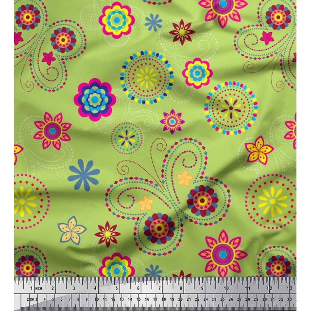 Soimoi Green Poly Georgette Fabric Insect & Floral Clip Art Decor Fabric Printed BTY 52 Inch Wide