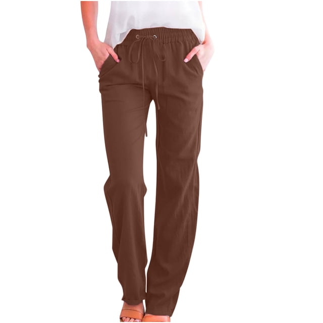 Timegard Cotton Linen Pants for Women Elastic Waisted Drawstring Straight Leg Lounge Pants with Pockets
