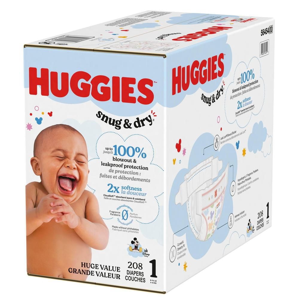 Couches pour bébés Huggies Snug & Dry, taille 1 (4 à 6 kg [8 à 14 livres]), 208 couches