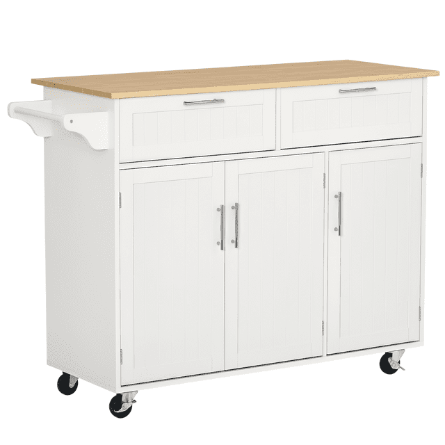 HOMCOM Kitchen Island sur Roulettes, un Chariot de Cuisine Moderne avec un Cadre en MDF Blanc et un Comptoir en Bois d'Hévéa. Comprend Deux Tiroirs à Glissement Facile, Trois Armoires Dissimulées avec Tablettes Ajustables et un Barre à Serviettes pour une Fonctionnalité Accrue. Comprend Quatre Roulettes à Roulement Fluide, Deux avec Freins Verrouillables pour la Stabilité. Conception Compacte Idéale pour le Rangement de la Cuisine, l'Organisation Ou comme station de Service mobile dans les Petits Appartements.