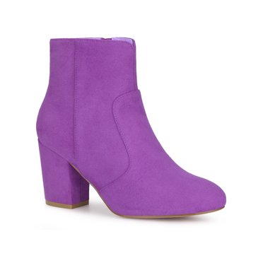 BLISSFUL STEP Women's Faux Suede Chunky Heel Round Toe Side Zip Ankle Boots Purple 7
