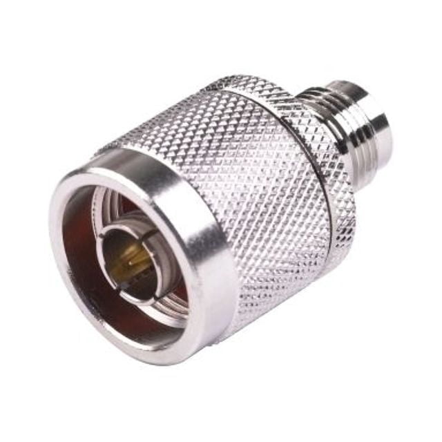 BY-TNC Female to N Male adapter showing a close-up angled view of a silver metal RF connector with knurled grip texture, precision machined for low loss and compatible with Wi-Fi antennas in home networking and amateur radio applications.
