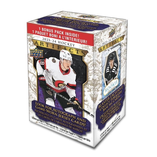 2023-24 Upper Deck Artifacts Hockey Blaster Box with multicolour packaging featuring NHL players, including one in a white Ottawa Senators jersey holding a hockey stick. The box contains 7 packs of 5 cards each, including autograph and game-worn jersey cards, blaster-exclusive turquoise parallel cards, and rookie cards. Text is bilingual English and French, highlighting a bonus pack inside and collector-exclusive base set cards.