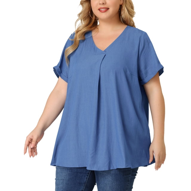 GRACE & GRANDEUR Blouse pour Femme Grande Taille Décontractée à Col en V à Manches Courtes en Chambray