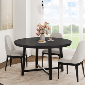 47" Round Dining Table for 4-6, Kitchen Dining Room Table with Sturdy Metal Frame, Wood Circle Kitchen Table for Space Saving - Black (No Chairs)