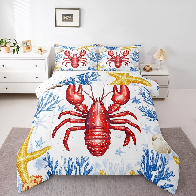 Erosebridal Ensembles de Literie Cartoon Homard Double avec Couette, Insert de Couette Océan Corail Étoile de Mer, Réversible