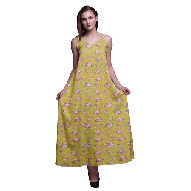 Bimba Robe Maxi à Bretelles Spaghetti Sans Manches pour Femmes en Rayonne à Imprimé Floral, Coupe Évasée - X-Grand
