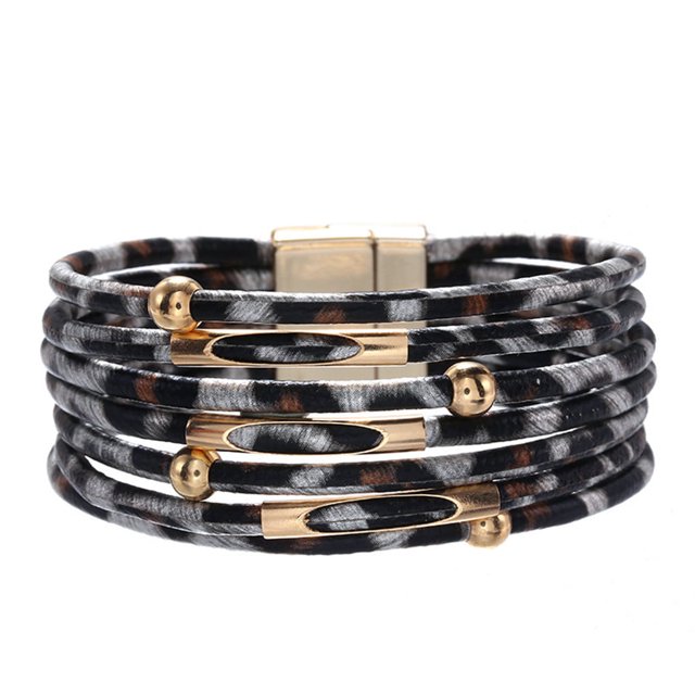 QualitChoice Bracelet Multi-layers Magnetic Buckle Leather Multi-colored Leopard Print Valentines Day Gifts Bracelets Hand Jewelry Silver Gray 1Set
