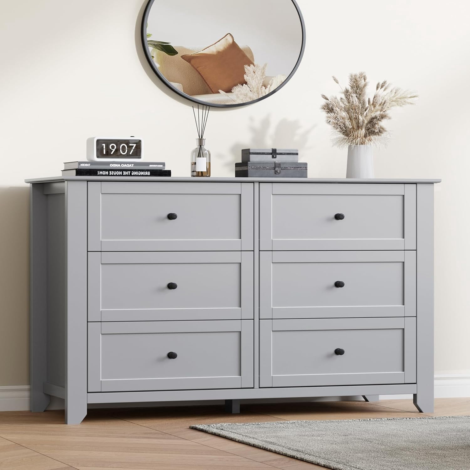 Grey 6 Drawer Dresser for Bedroom, 54" Wide Large Dresser with Deep Drawers & Metal Knobs, Modern Wooden Chests of Drawers for Entryway, Hallway