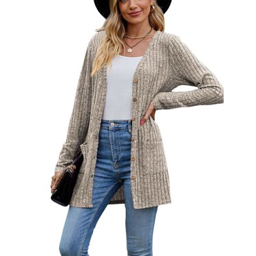 Wangsaura Cardigan à Col en V pour Femmes, Mode, Couleur Unie, Côtelé, Manches Longues, Chandail Boutonné, Automne, Décontracté, Manteau en Tricot Doux