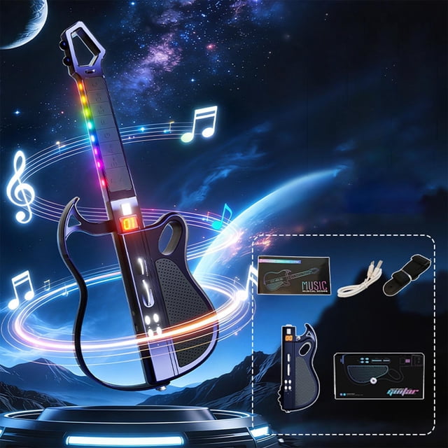 Sokhug Guitare Électronique Intelligente Bluetooth Sans Cordes, instrument Pliable à Lecture Automatique en Noir. la Guitare Présente des guides Lumineux LED sur la Touche pour un Apprentissage Interactif, des Haut-Parleurs Intégrés et une Connectivité Bluetooth. des Accessoires comme un Câble de Chargement et une Sangle Sont Inclus. Présentée sur un Fond à Thème Cosmique avec des notes de Musique, Ce Jouet musical portable Est Idéal pour Débutants et Enfants.