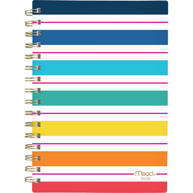 2026 Mead® Simplicity Stripe Small Weekly Clear Poly Cover Planner with a front view of its multicolour striped cover featuring horizontal stripes in navy, royal blue, turquoise, teal, yellow, orange, and red separated by white and pink lines, gold twin coil binding on the left, and the gold Mead 2026 logo at the bottom right, suitable for compact weekly and monthly planning.