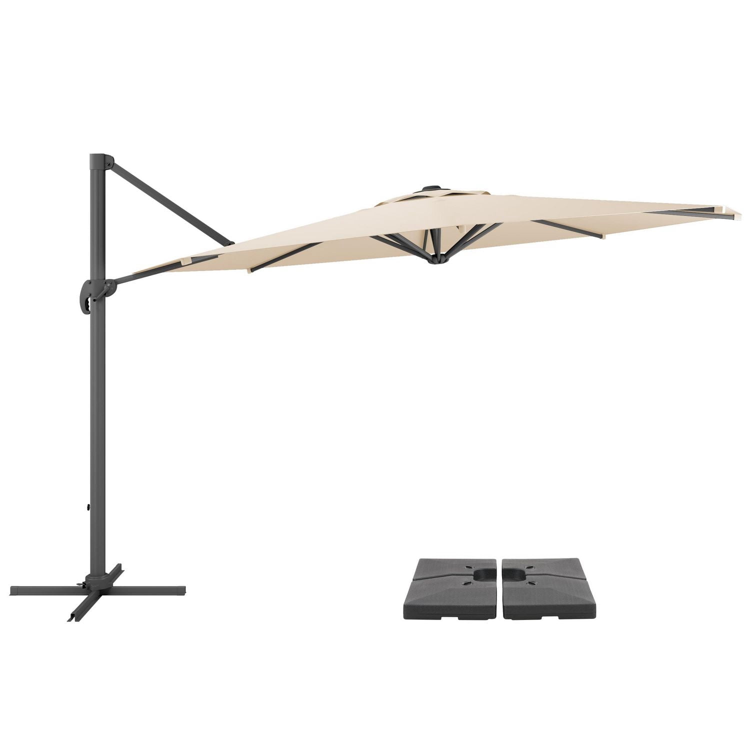 CorLiving 11.5ft Deluxe Offset Tilting Rotating Patio Umbrella with Aluminum Frame & Deluxe Base Weights