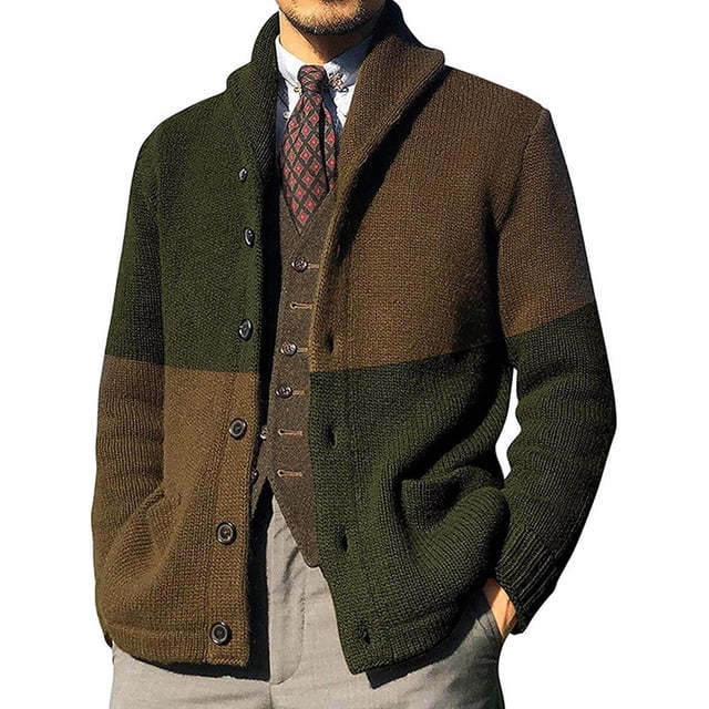MAWCLOS Cardigan Ouvert pour Hommes, Chandail à Manches Longues, Chandails Tricotés d'Extérieur, Cardigans à Blocs de Couleur, Vert Armée, m