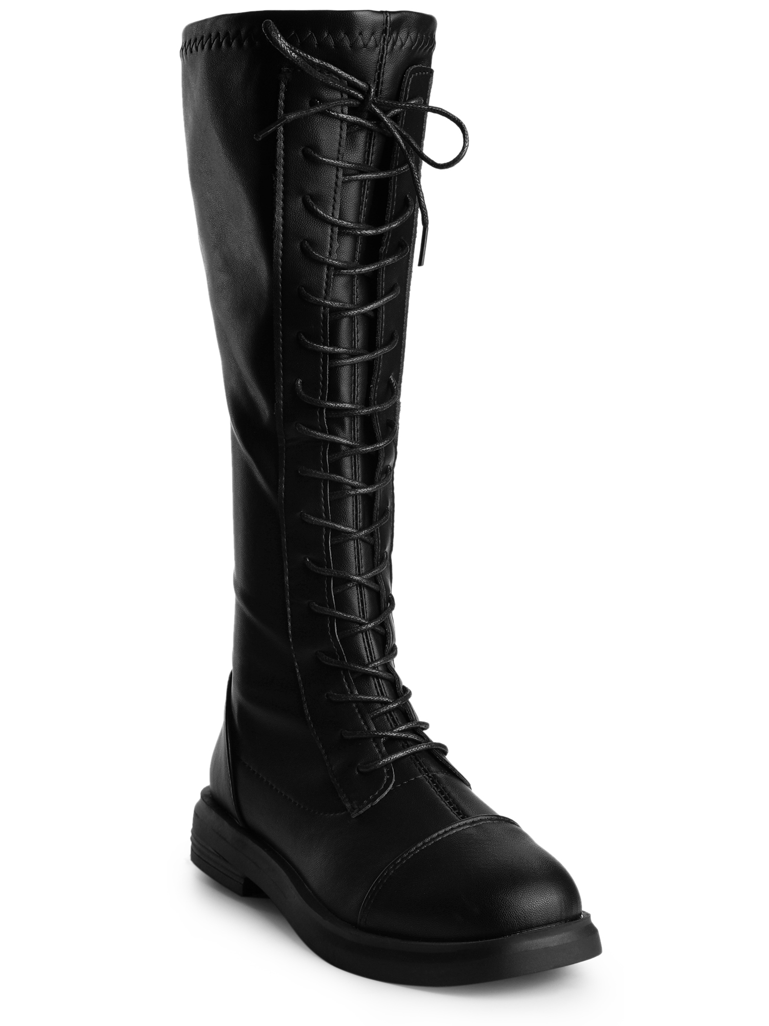 Unique Bargains Bottes Hauteur Genou à Lacets pour Femme à Bout Rond, Talon Plat Bas, Noires (Taille 7)