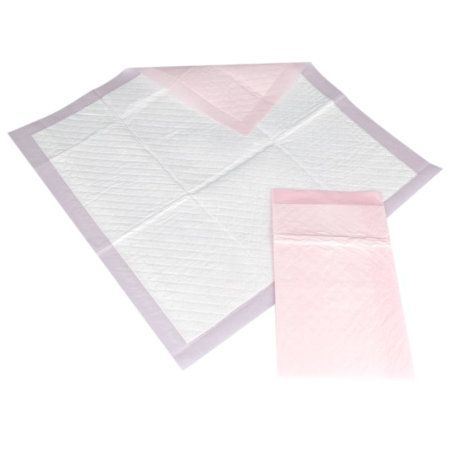 Disposable underpad for adult men and women, featuring a soft non-woven layer for comfort and a super absorbent middle layer to quickly absorb fluids and keep the bed clean. The pad includes a breathable PE film bottom to prevent leakage and a fluid embossing design for even fluid distribution. The image shows a 60 x 60 cm pad with a pink border, unfolded and folded, highlighting its practical design. Each bag contains 15 pads, ideal for urinary incontinence use.