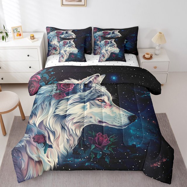 Ensemble Douillette 7 Pcs Wolf pour Lit Double, Ensemble Tout-en-un, Ensembles de Literie Vintage à Roses Rouges Galaxie Étoiles, Ensemble de Draps Animaux Sauvages de la Forêt avec Douillette