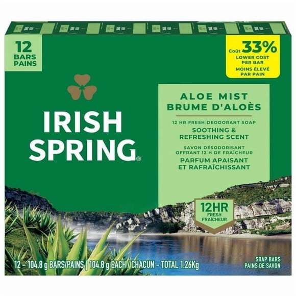 Irish Spring Aloe Mist Deodorant Bar Soap for Men, All Skin Types, 3.7 Ounce, 12 Bar Pack, 3.7 oz, 12 Pack