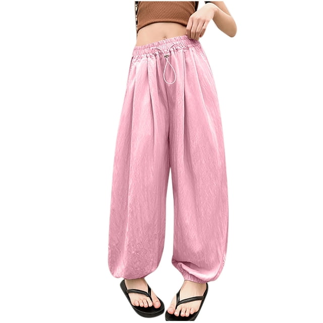 Lantern Pants for Girls, Loose Fit Ice Silk Sports Pants with Drawstring Waist, Mosquito-Proof, Breathable Polyester, Mid-Size 150 cm, Summer Long Pants