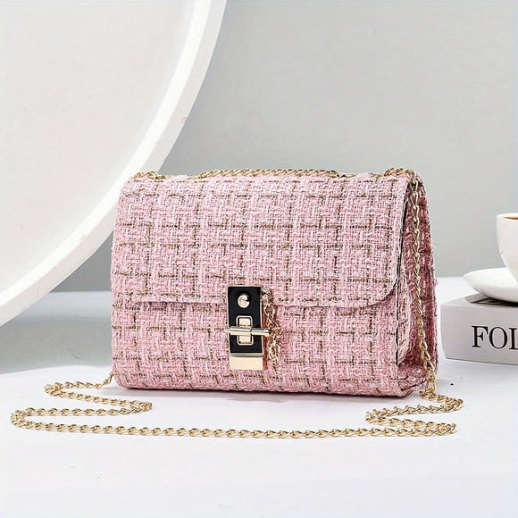 Elegant Mini Tweed Chain Crossbody Bag - Women's Luxury Square Purse Handbag, Mini Shoulder Bag with Chain Strap, Elegant Design, and Spacious Interior