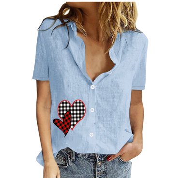 EQWLJWE Chemises pour Femmes Liquidation Femmes Manches Courtes Décontracté Femmes Imprimé Manches Courtes Ample Bouton Col Rabattu Chemise Blouse Unie Hauts