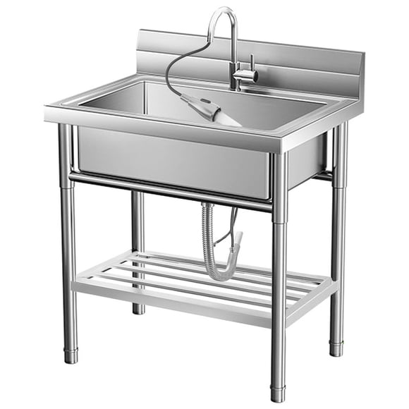 Utility Sink Free Standing Single Bowl Kitchen Sink with Cold and Hot Water Pipe Stainless Steel Sink for for a Laundry Room, Bathroom, Kitchen
