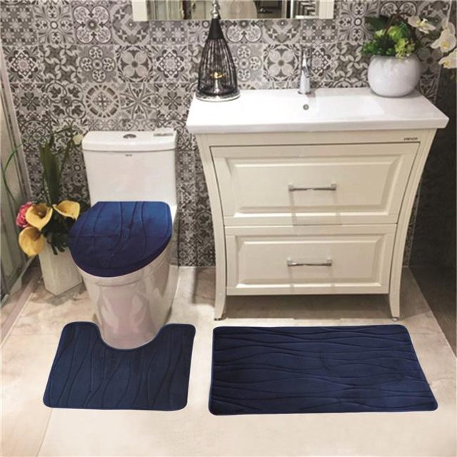 Kashi Home RS057029 Connie Bath Mat Set, Navy - 3 Piece
