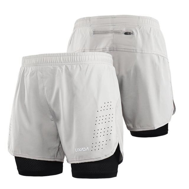 Lixada Men's 2-in-1 Running Shorts Quick Drying Breathable Active Training Exercise Jogging Cycling Shorts with Longer Liner Light Grey-XXL