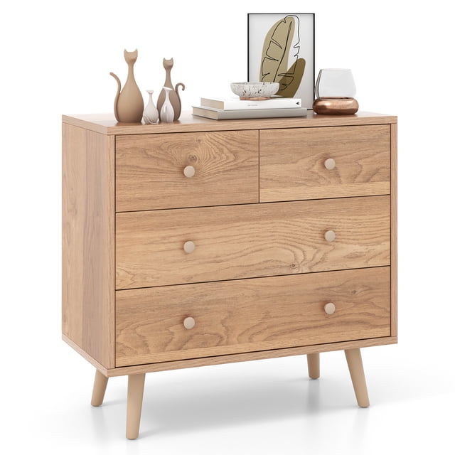 Gymax 4-Drawer Dresser Chest Cabinet Storage Organizer w/Anti-Toppling Kits in a natural wood finish. Features four drawers with round knobs, angled legs for stability, and a spacious top surface for decor or storage. Made of engineered wood with non-slip foot pads and metal slide rails for smooth drawer operation. Suitable for bedrooms, living rooms, or kids' rooms.
