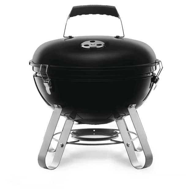 Napoleon Legend 14 Charcoal Kettle Grill in black with a 14-inch diameter cooking area, black porcelain enamel kettle body, chrome-plated cooking grid, top and bottom vents for temperature control, cool touch handle, locking lid latches, and stable four-legged stainless steel base suitable for portable outdoor charcoal BBQs and picnics.