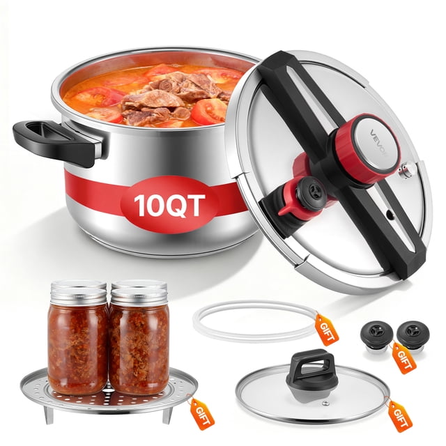VEVOR Pressure Cooker, 10Qt stainless steel pressure cooker with a tempered glass lid, steaming rack, and three pressure settings. The image shows the cooker filled with a meat and vegetable stew, alongside accessories including a removable tripod steamer rack, silicone sealing rings, weighted pressure valves, and a glass lid. Designed for cooking meat, beans, rice, soup, and sauces with up to 100 kPa pressure. Features a triple-layer base for even heating and compatibility with induction, ceramic, electric, and gas stovetops.