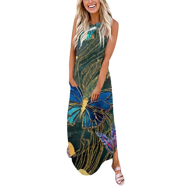 Robes de Demoiselle d'Honneur Femmes Décontractées Amples Été Imprimé Longue Robe de Plage Robe Sans Manches Col en V Robe à Manches Courtes en Solde