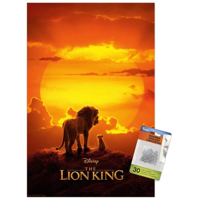 Disney Le Roi Lion - Affiche Murale Mufasa And Simba, Affiche Murale Encadrée 22,375 Pouces x 34 Pouces Montrant des silhouettes de Mufasa And Simba Debout sur un Éperon Rocheux contre un Grand Coucher de Soleil orange avec des Nuages, Convient pour Décorer des Chambres, des Bureaux Ou des Dortoirs et Souvent Utilisée pour Rehausser des Fêtes à Thème.