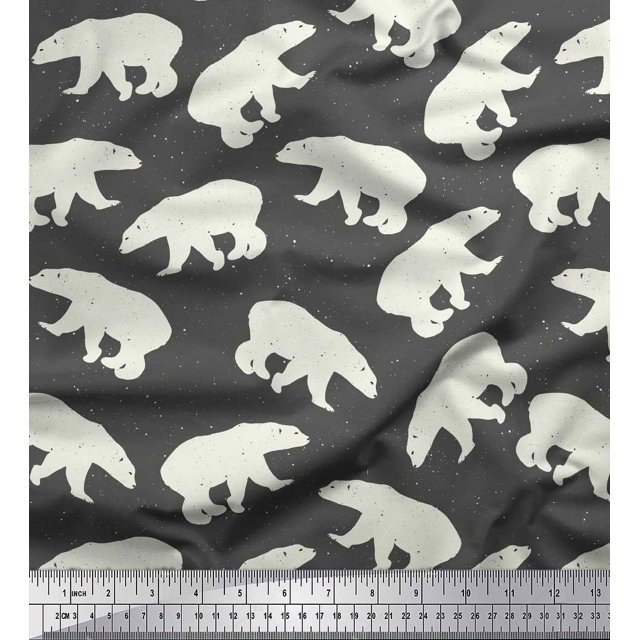 Soimoi Gray Poly Georgette Fabric Polar Bear Animal Print Fabric by Yard 42 Inch Wide