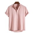 thumbnail image 2 of RKSTN Shirt Chemise pour Homme à Rayures Col Montant Décontractée T - en Coton et Lin Ample Grande Taille Manches Courtes Blouse Imprimée Hauts, 2 of 4