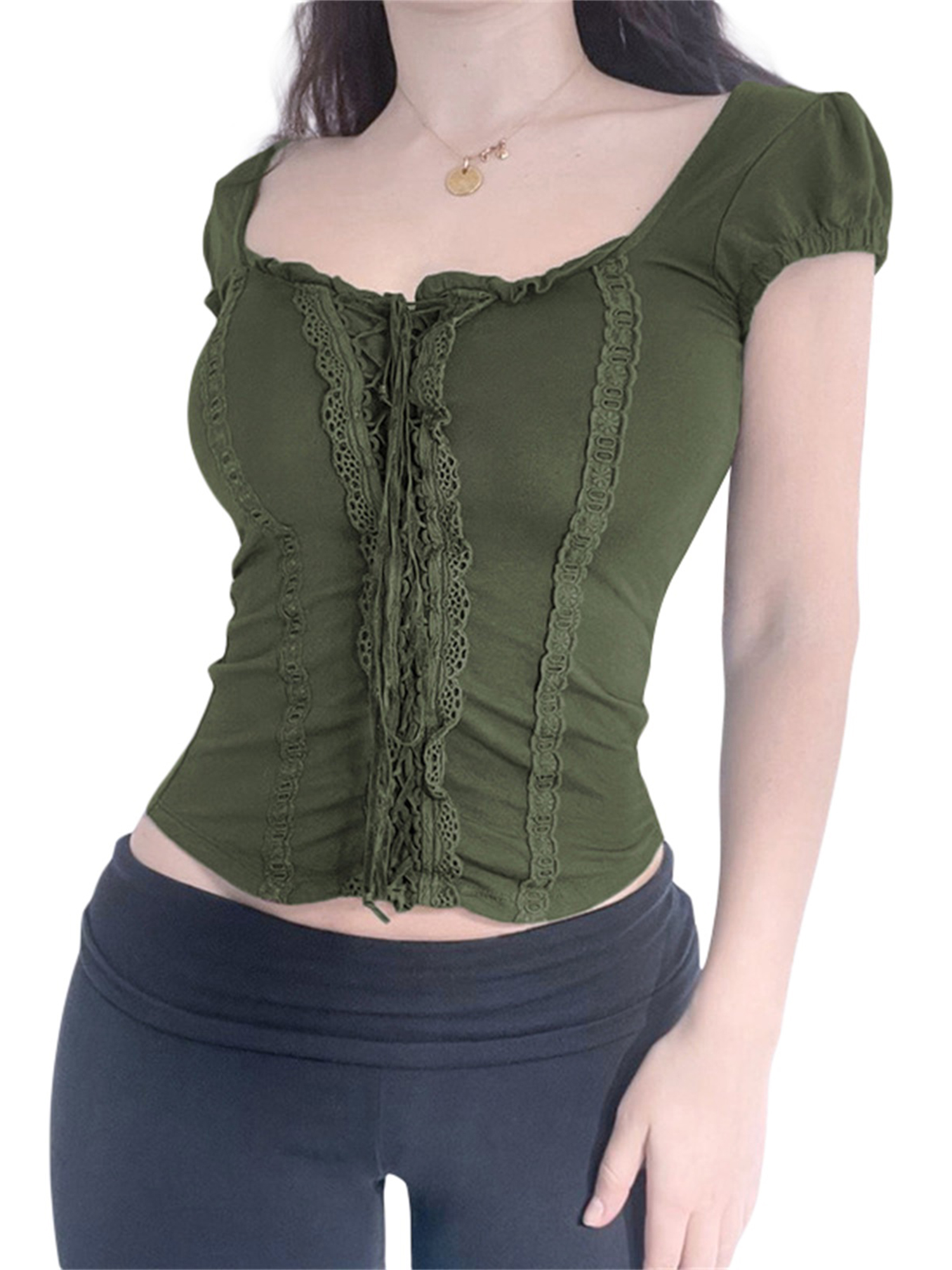 Faithtur T-Shirt Court à Manches Courtes pour Femmes Été Rétro avec Dentelle devant Ajusté Basique pour Fête Mode Urbaine
