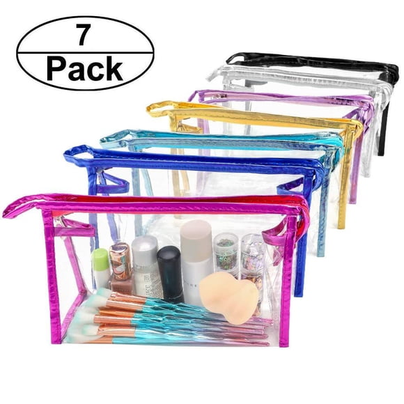 QKURT 7 Paquets de Sacs de Maquillage Transparents, Sacs Cosmétiques Transparents et Propres avec Fermeture Éclair, Pochette de Toilette Transparente en PVC Portable pour Vacances, Voyage, Salle de Bain / Mode Sacs de Toilette Transparents Imperméables