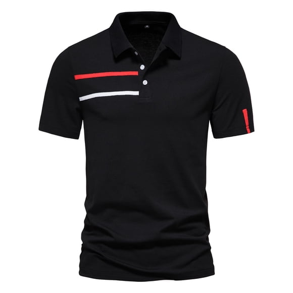 BOBOGOJP Polo Shirts For Men Short Sleeve T-Shirt Classic Plaid Collar Soft Cotton Shirts (Black,L)