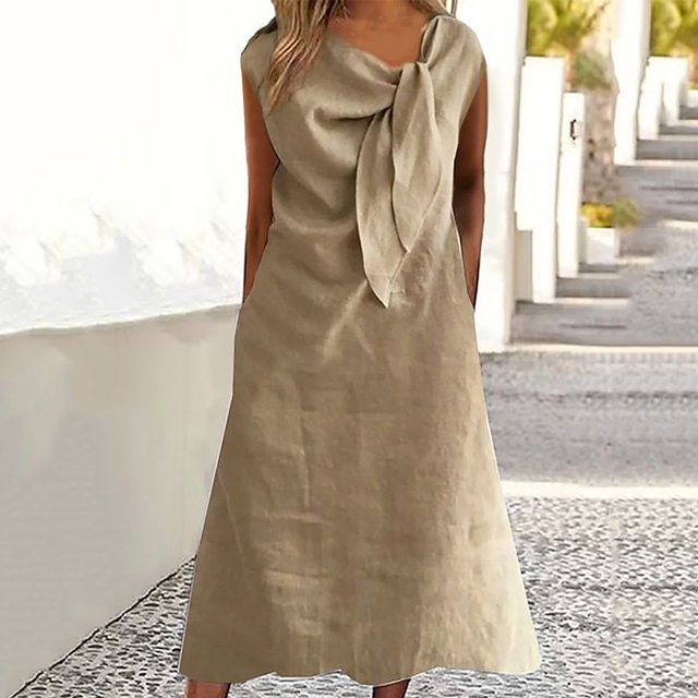 Ovzne Robes d'Été pour Femmes Robe Femme Camisole Décontractée pour Femme Col en U Régulière Plissée Robe Multicolore Jupe Longue Robe pour Femme à Manches Courtes Liquidation
