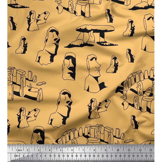 Soimoi Georgette Viscose Fabric Easter Island Statue Face Decor Fabric Printed Yard 42 Inch Wide